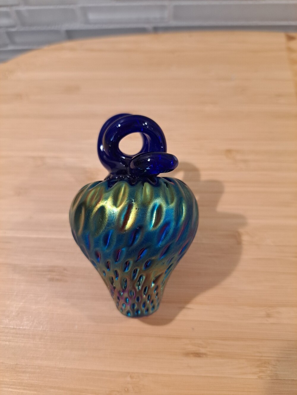 Anton Intaglio Cobalt Blue Iridescent Paperweight Strawberry Glass. Signed